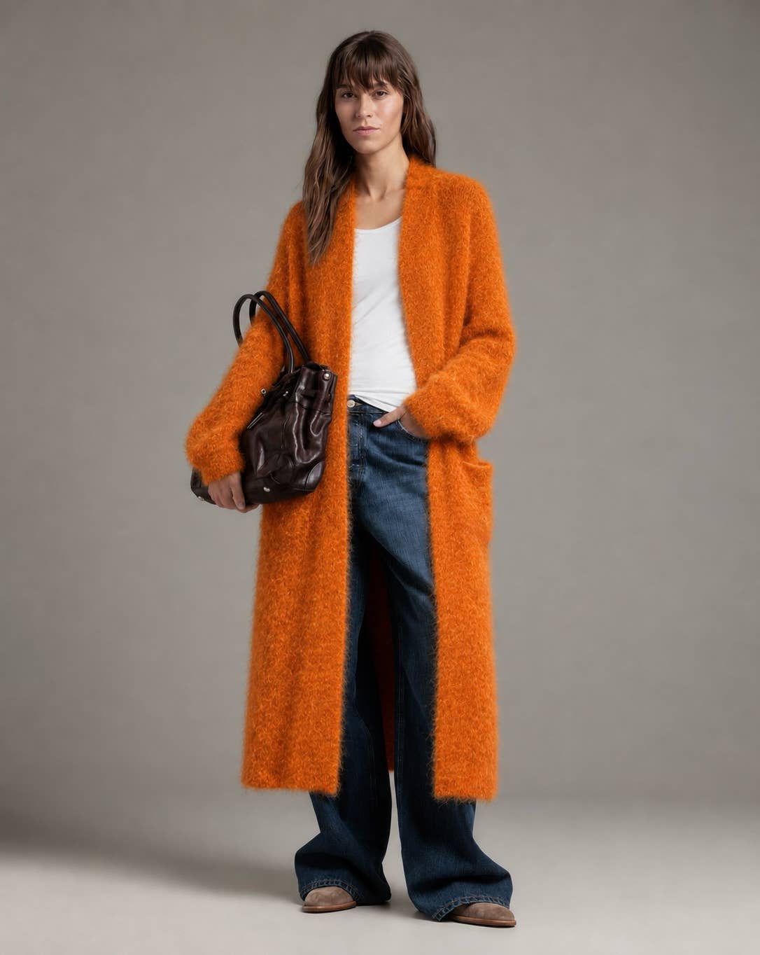 TAMBA langer Strickmantel aus Kid-Mohair in Orange