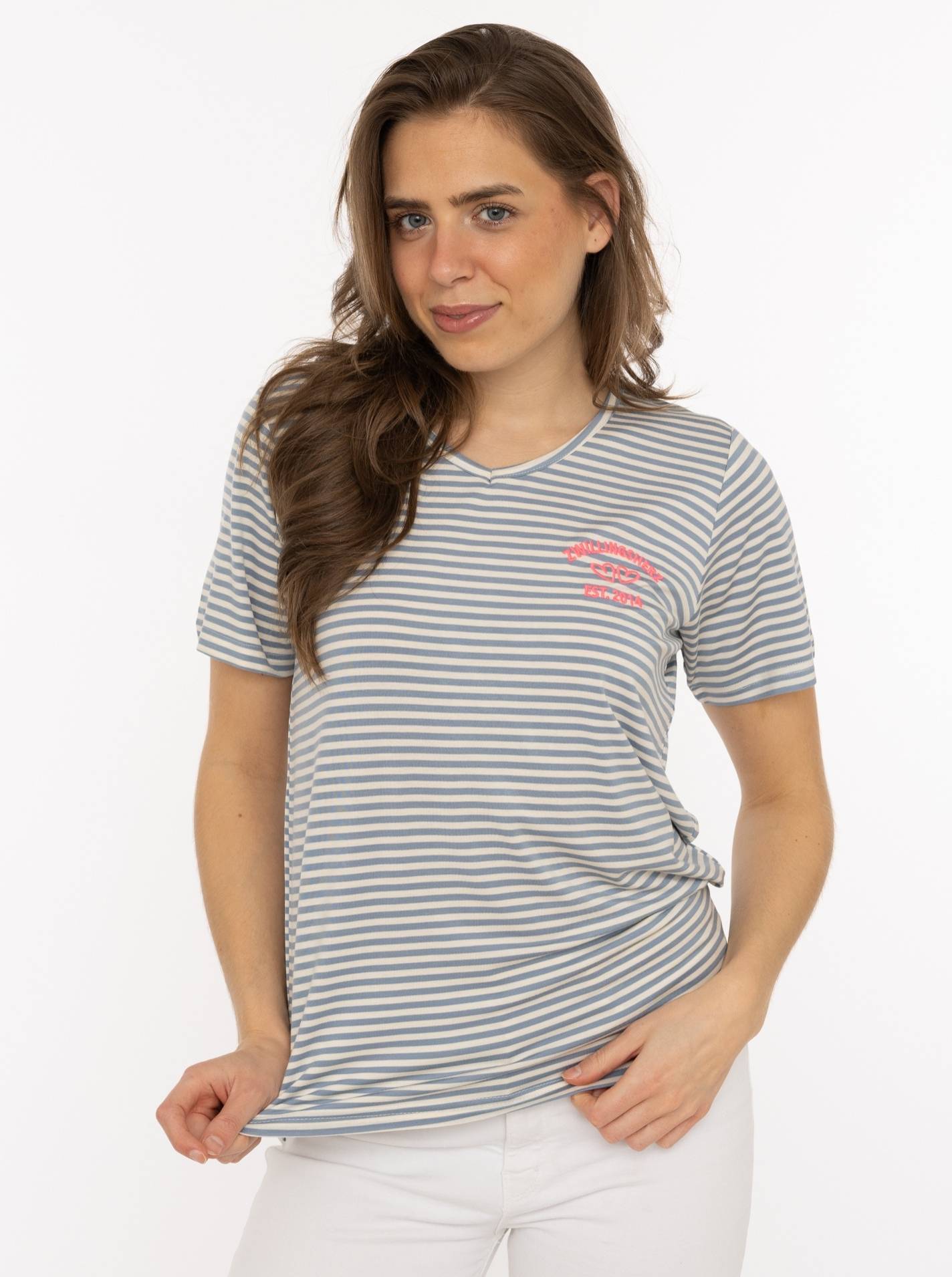 Zwillingsherz T-Shirt Streifen mit Zwillingsherz-Emblem Jeansblau-Weiß