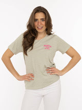 Zwillingsherz T-Shirt Streifen mit Zwillingsherz-Emblem Grün-Weiß | V-Ausschnitt