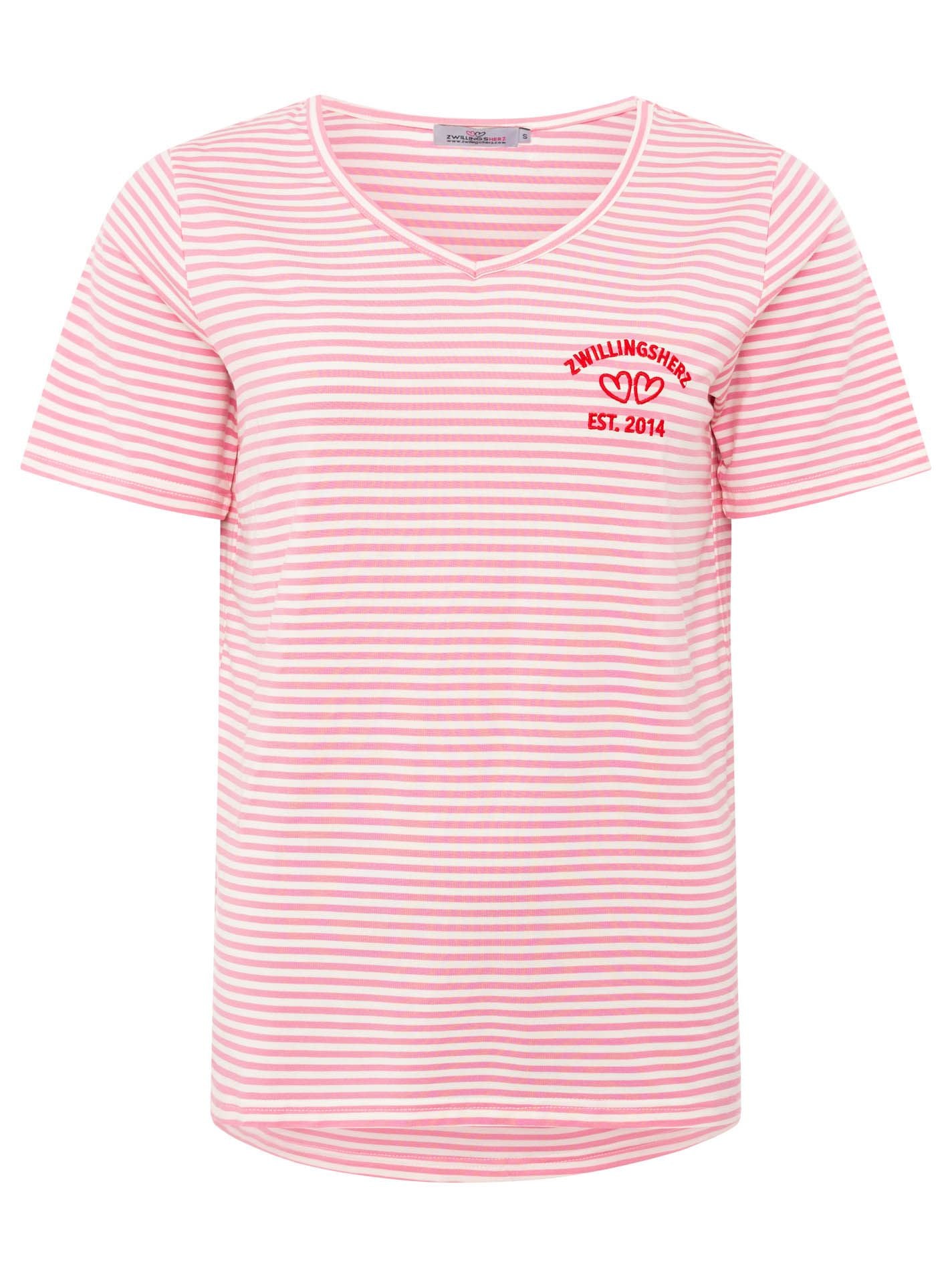 Zwillingsherz T-Shirt Streifen mit Zwillingsherz-Emblem Rosa-Weiß