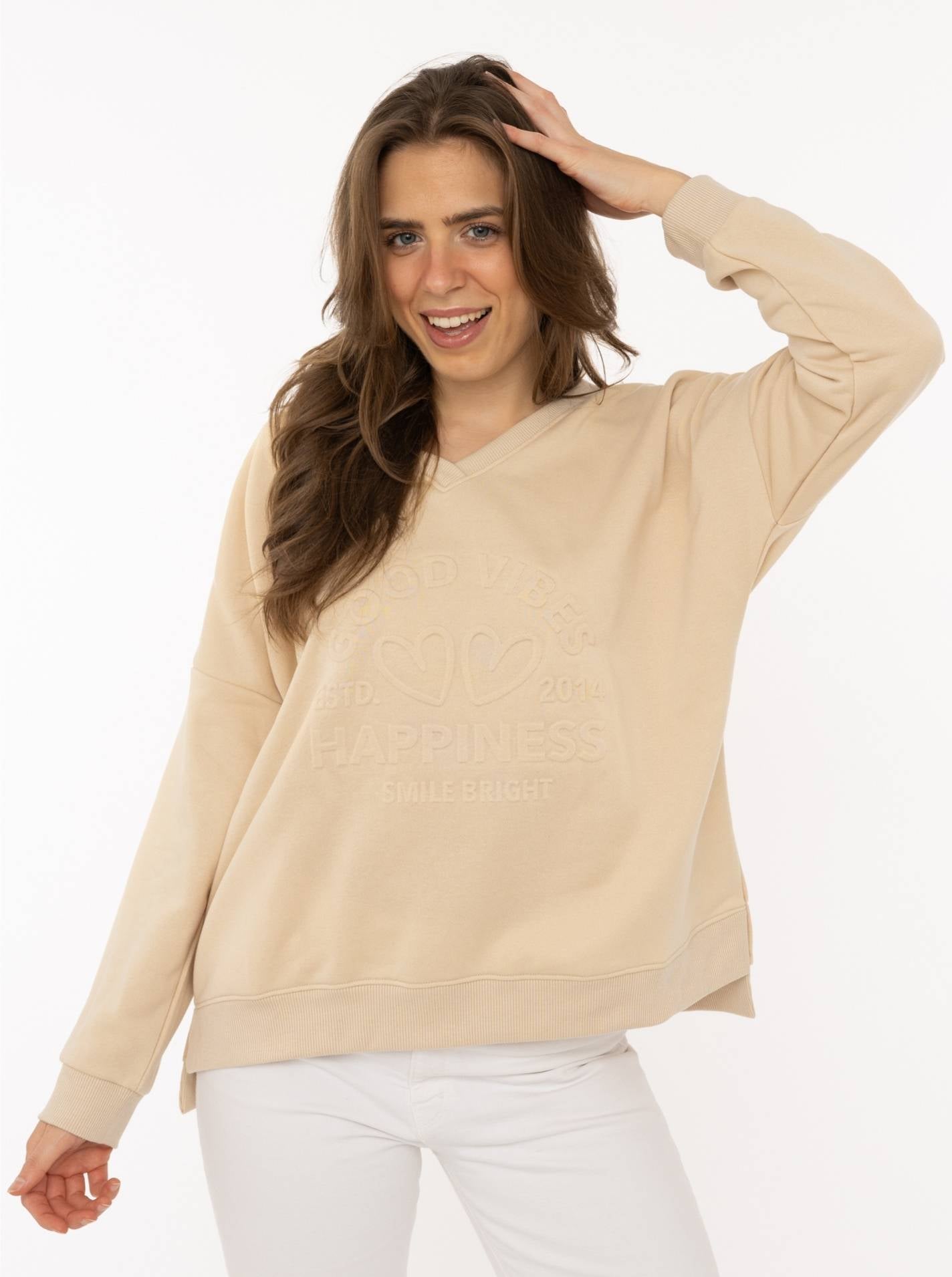 Zwillingsherz V-Neck Sweater "Happiness Vibes" Beige