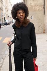 Nathael Paris kurzer Cardigan in Schwarz mit abnehmbarem Fellkragen