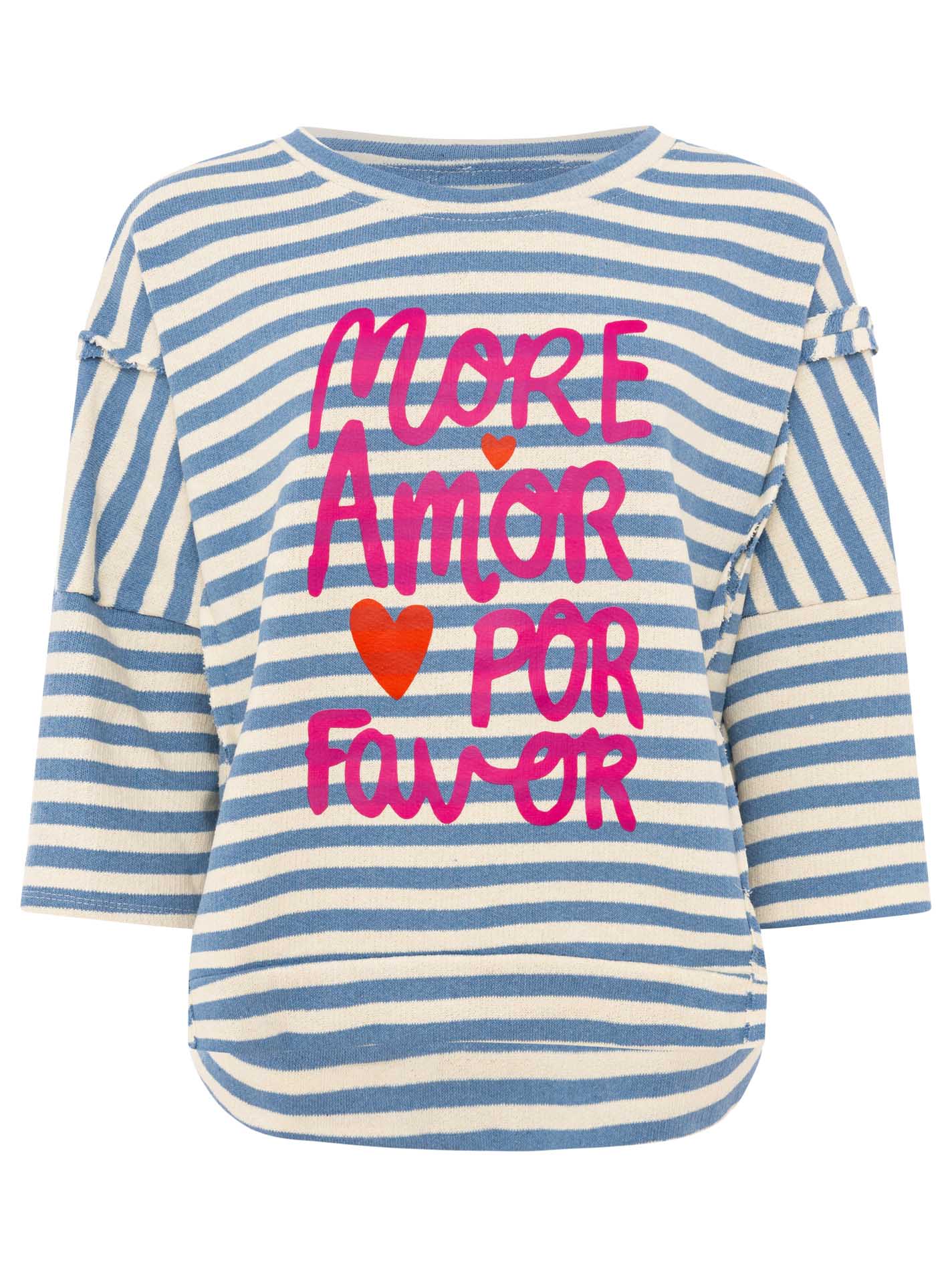 Zwillingsherz Shirt 3/4 Arm Streifen BW "More Amore" Jeansblau Statement