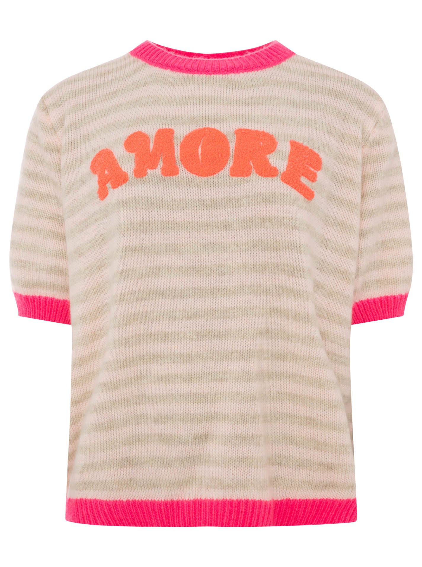 Zwillingsherz Kurzarm Pullover Wollmix "Amore" Beige - Streifenmuster mit Orange & Pink