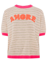 Zwillingsherz Kurzarm Pullover Wollmix "Amore" Beige - Streifenmuster mit Orange & Pink