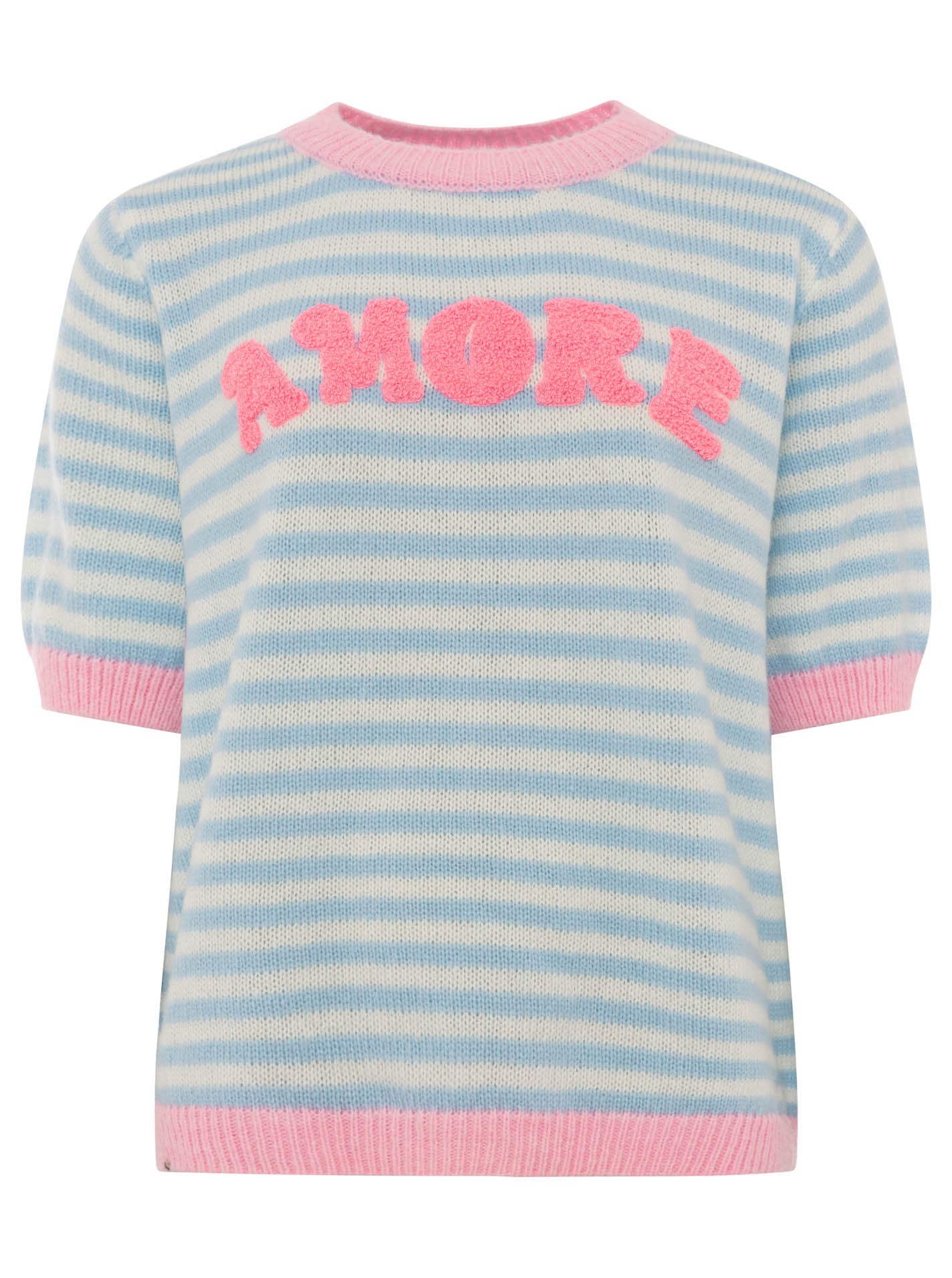 Zwillingsherz Kurzarm Pullover Wollmix "Amore" Hellblau - Streifenmuster mit Pink