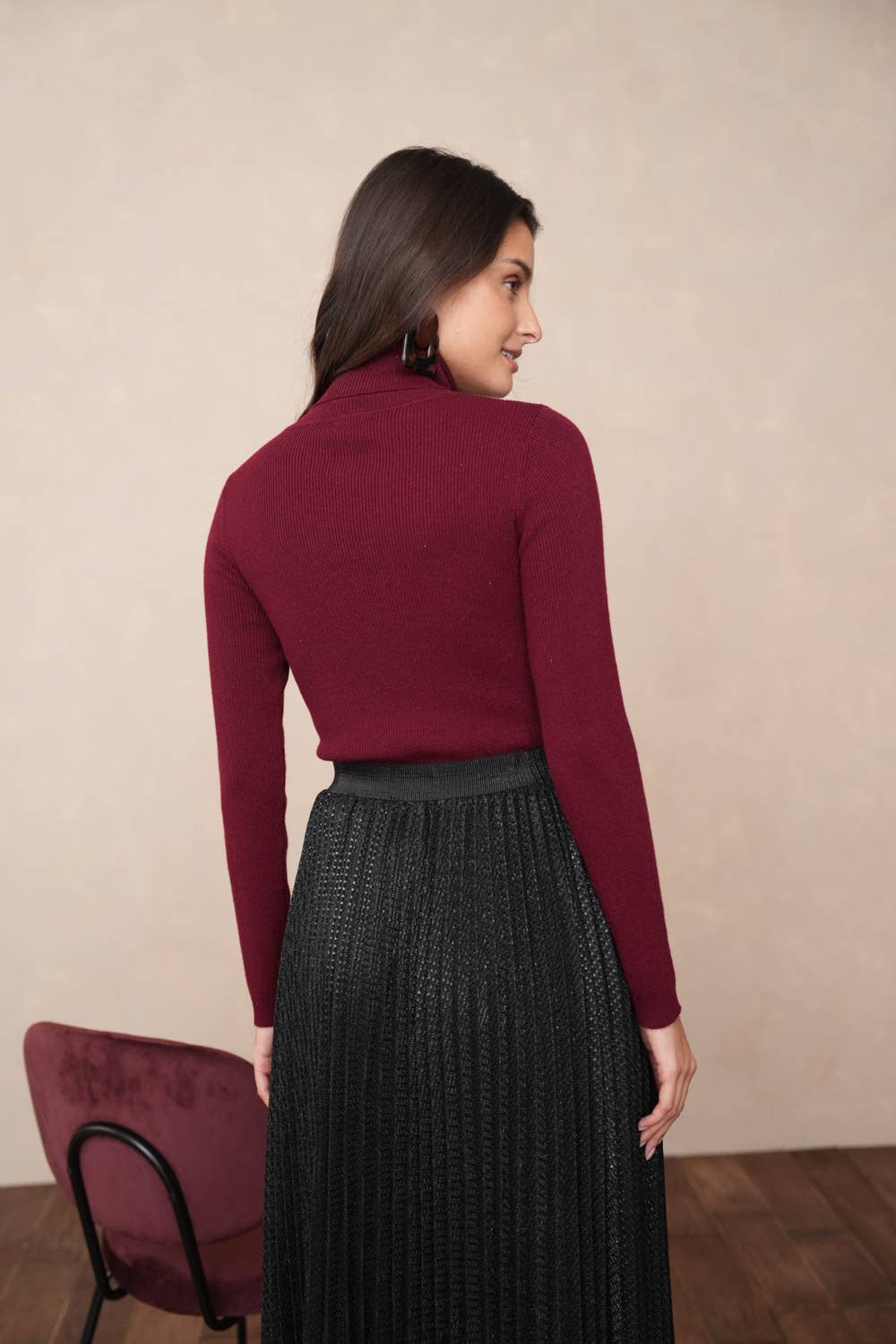 Choklate Paris - Gerippter Rollkragenpullover mit Lurex in Bordeaux