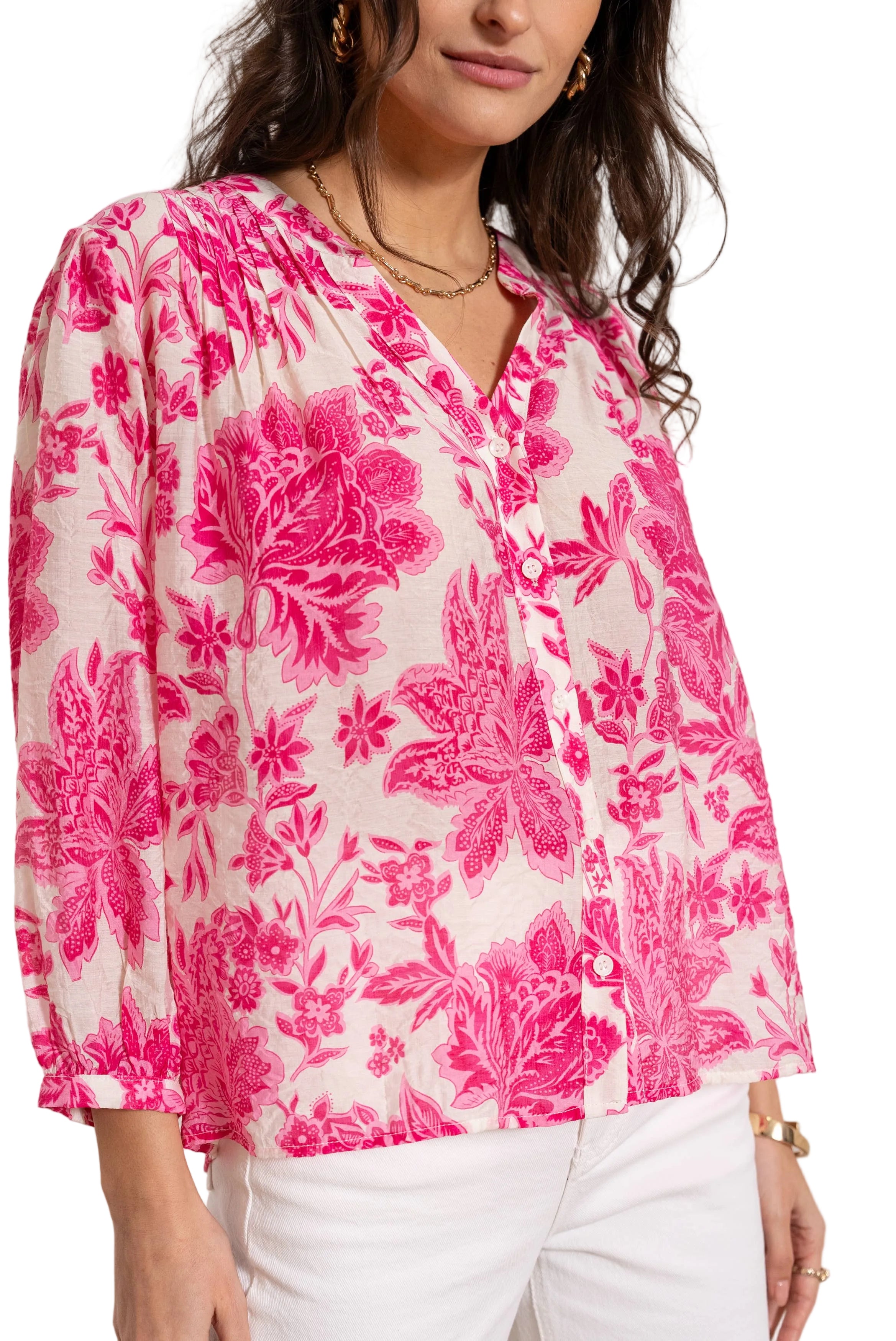 Choklate Paris Saint Tropez Bluse aus Viskose & Seide in Fuchsie - Dreiviertelarm mit V-Ausschnitt