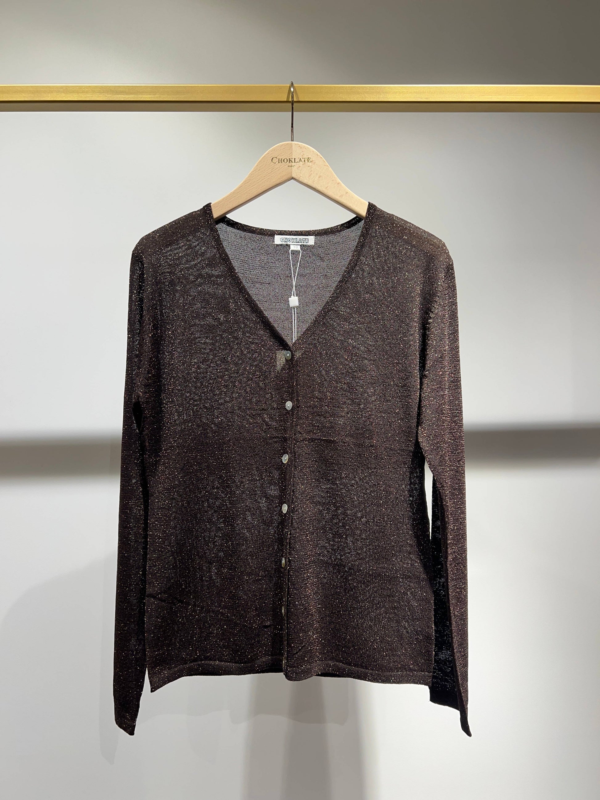 Choklate Paris - Lurexstrickweste in Braun - Feinstrick mit Glanz und Knopfleiste
