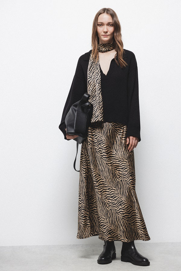 Lanidor Satin-Midirock mit Tierprint in Camel Schwarz