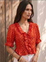 Choklate Paris Bluse Suzzie Rouge mit weißen Punkten | Cropped Baumwollbluse