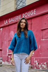 Pullover mit Bootsausschnitt, 3/4-Ärmeln, aus 76 % Mohair und Wolle: Auberginen / Eine Größe
