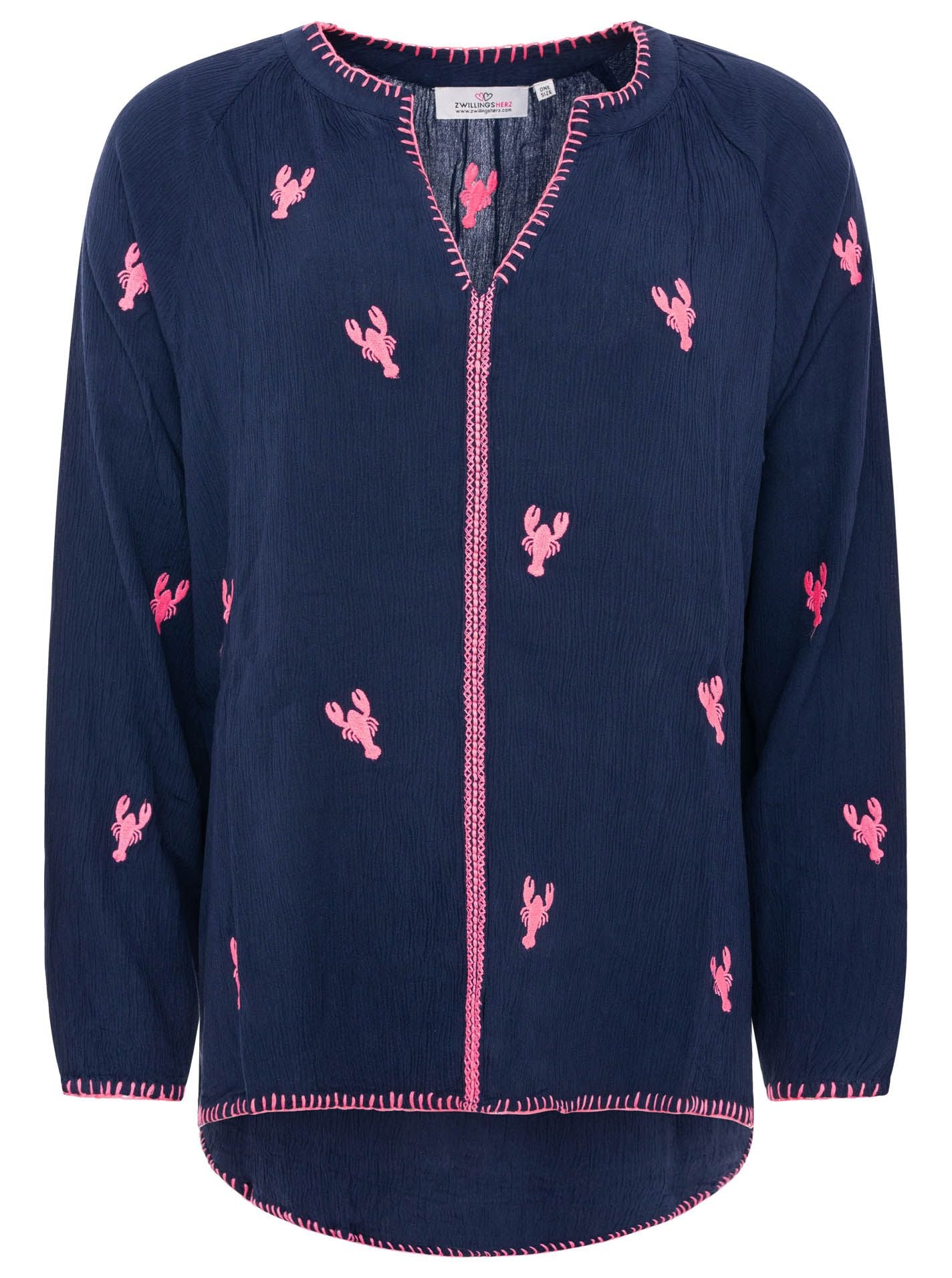 Zwillingsherz Bluse Gestickte Hummer - Dunkel-Blau | Maritime Stickerei | Viskose