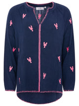 Zwillingsherz Bluse Gestickte Hummer - Dunkel-Blau | Maritime Stickerei | Viskose