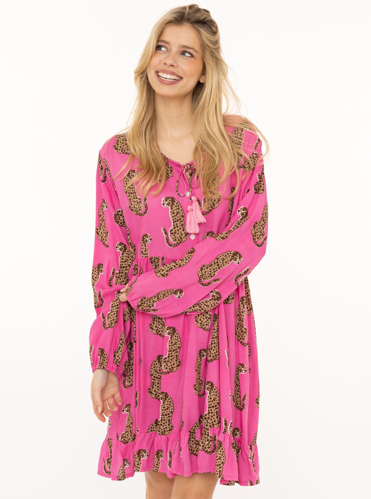 Zwillingsherz - Kleid "Lovely Leo" in Pink - Animalprint mit Knopfleiste