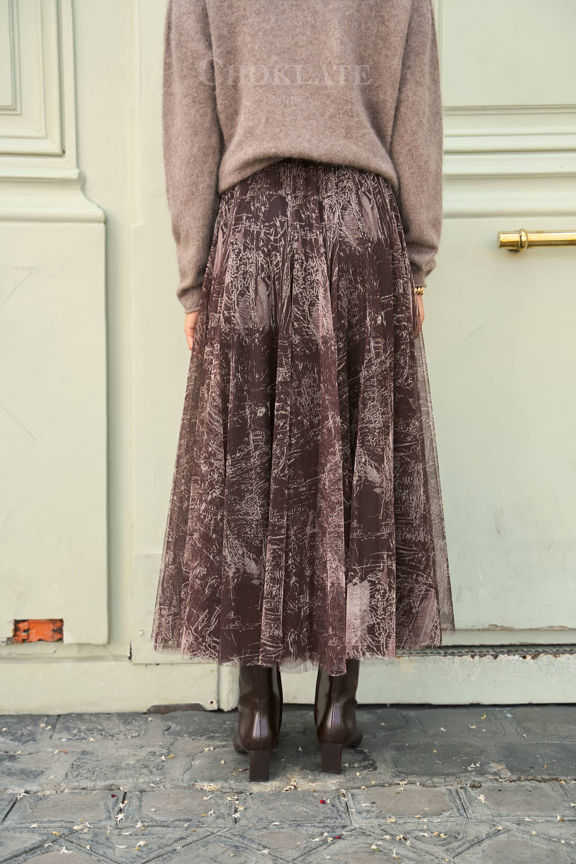 Choklate Paris Ambre Tüllrock mit Toile-de-Jouy-Print in dunklem Schokoladen-Braun