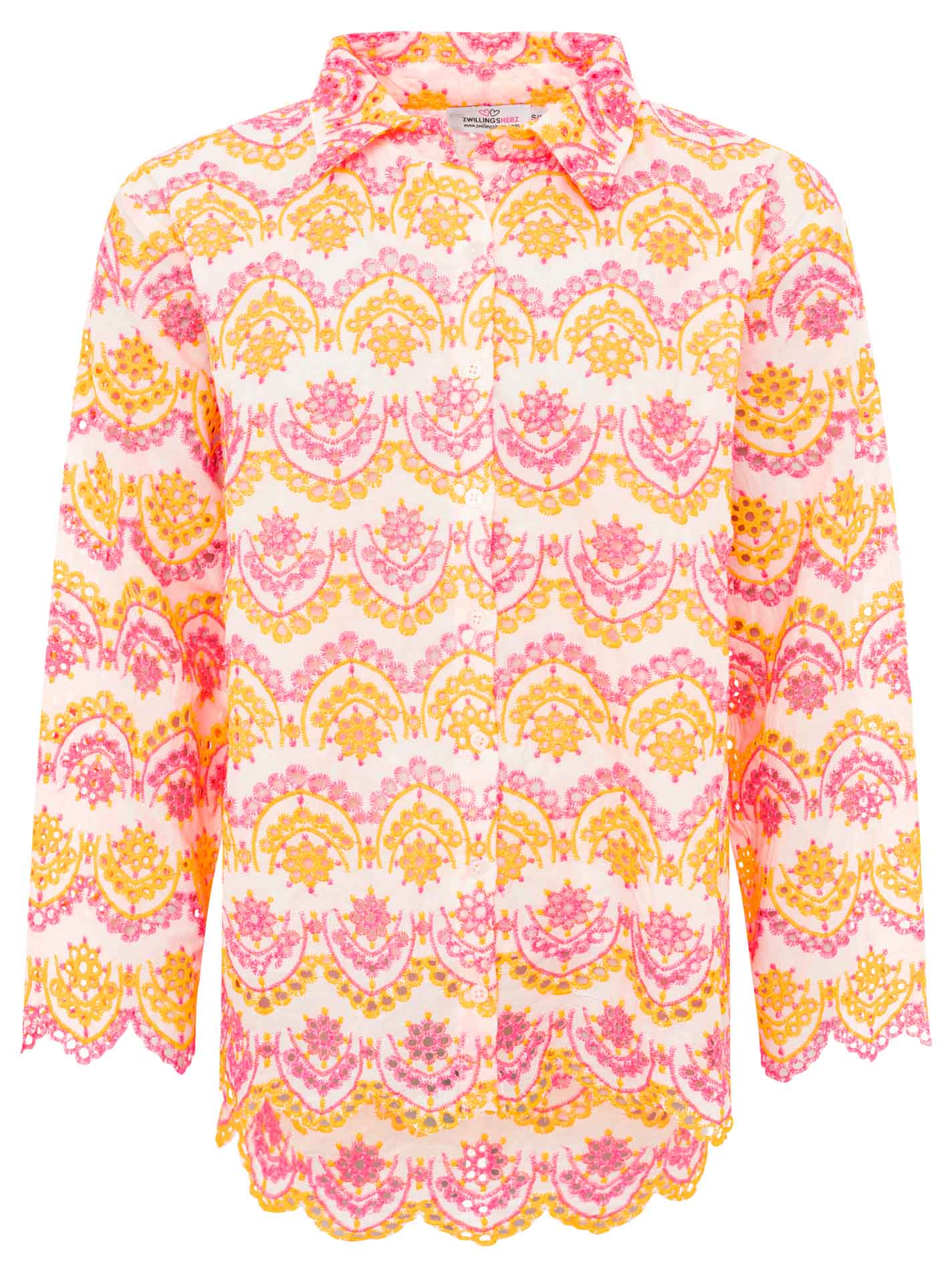 Zwillingsherz Langarmbluse Lochstickerei Neonpink