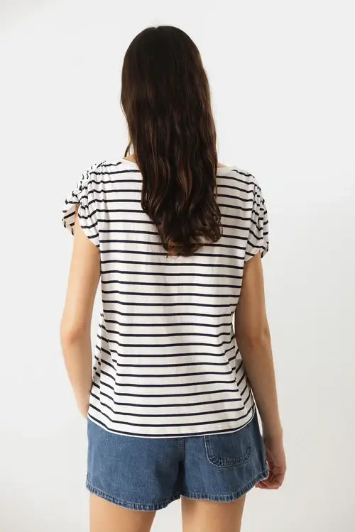 Lanidor T-Shirt mit V-Ausschnitt & gerafften Ärmeln - Streifenlook aus 100% Baumwolle
