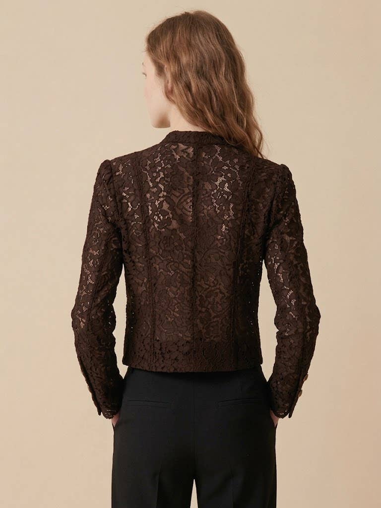 Choklate Paris Céline Spitzen-Blusenjacke mit Stehkragen in Choco