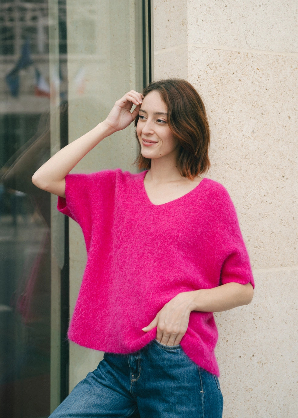 Julia Paris - Pullover aus Baby-Alpaka mit V-Ausschnitt in Pink - Kurzarm-Pullover