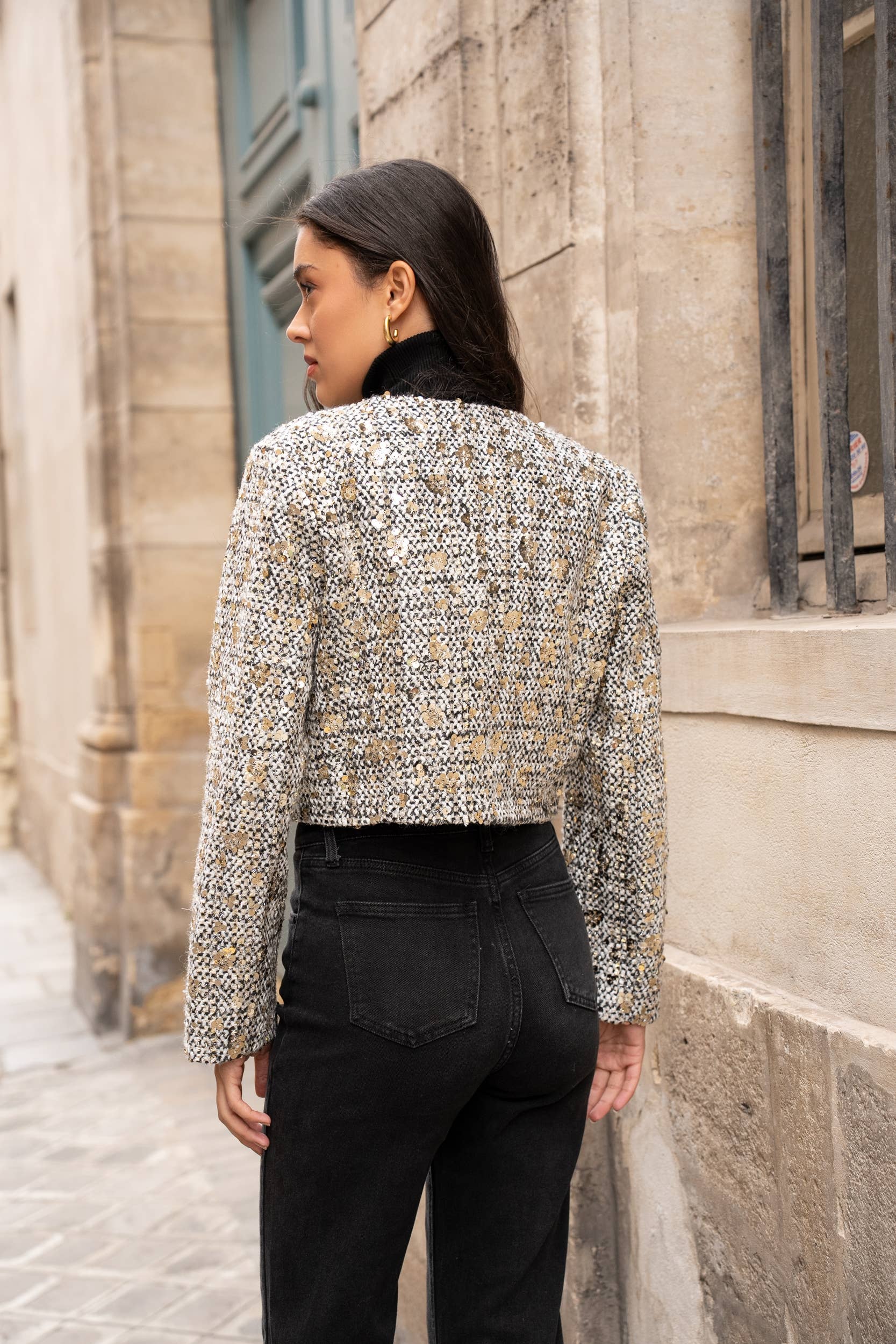 Choklate Paris kurze Tweedjacke Jenny mit Pailletten Schwarz-Weiß