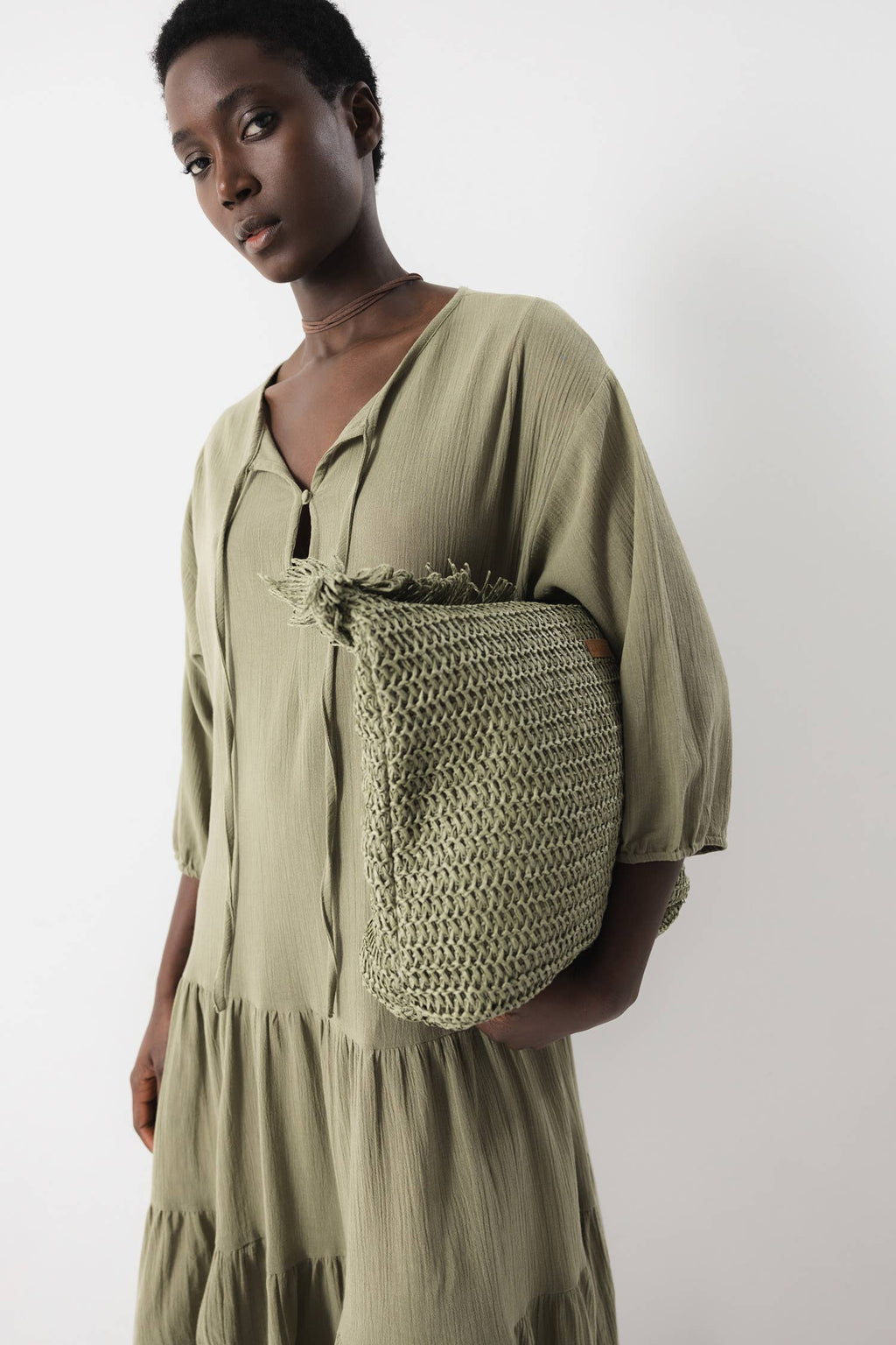 Lanidor Strandtasche mit Fransen -| Khaki| Papiergarn