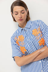 Lanidor Hemdbluse Gestreift mit Blumenstickerei Blau Weiß
