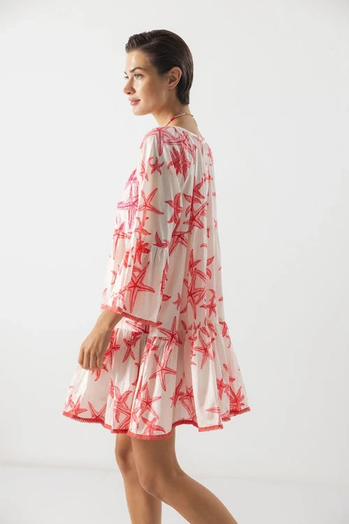 Lanidor Baumwollkleid mit Seesternen -Sommerkleid in Weiß-Rosa´Rot