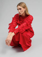 An'ge Paris Bluse Soely Rot - Jacquard-Semitransparent - Volant