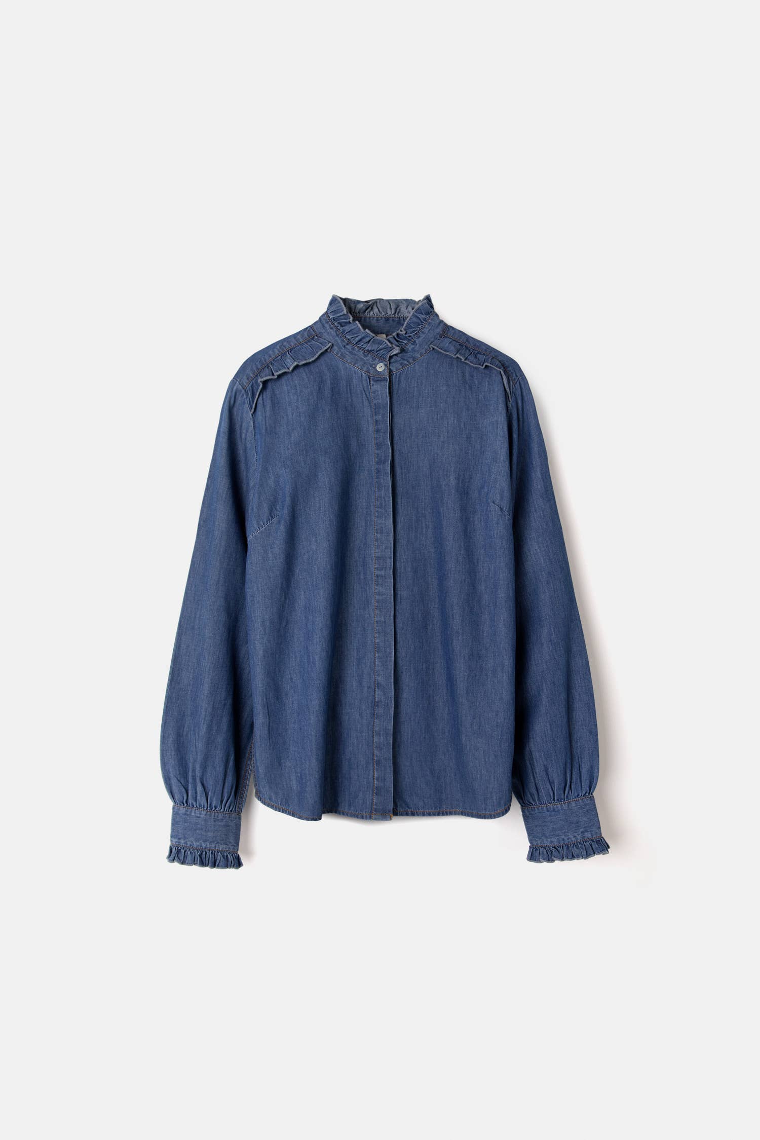 Lanidor - Jeansbluse mit Rüschenakzenten - 100% Baumwolle