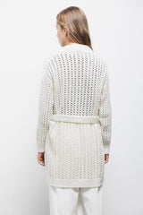 Lanidor - Lange Strickjacke in femininem Lochstrickmuster mit Gürtel in Beige