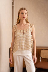 Lulumary gehäkeltes Top Gold mit Lurex-Blumendetails