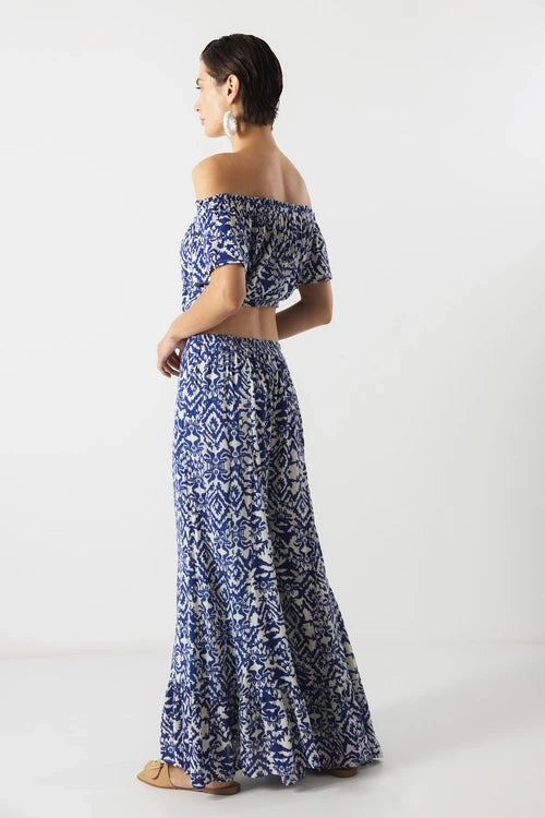 Lanidor Sommerhose Solea Pants - Weit geschnitten mit Print & Rüschensaum, Blau-weiß