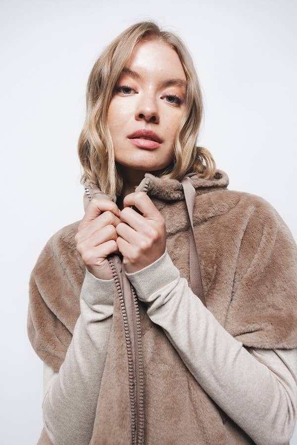 Lanidor - Wendeweste mit Kapuze & Kunstfell - Taupe