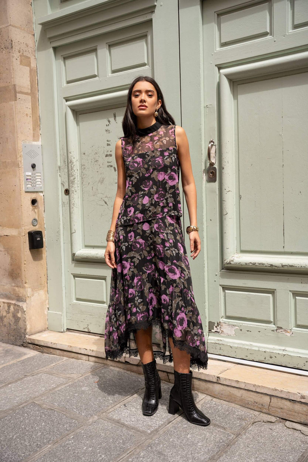 Choklate Paris - Asymmetrischer Midirock mit Rosenmuster