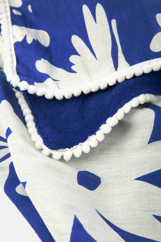 Lanidor Strandtuch "Blue Blossom" - mit Blumenmuster & PomPom-Kante (100x180cm)