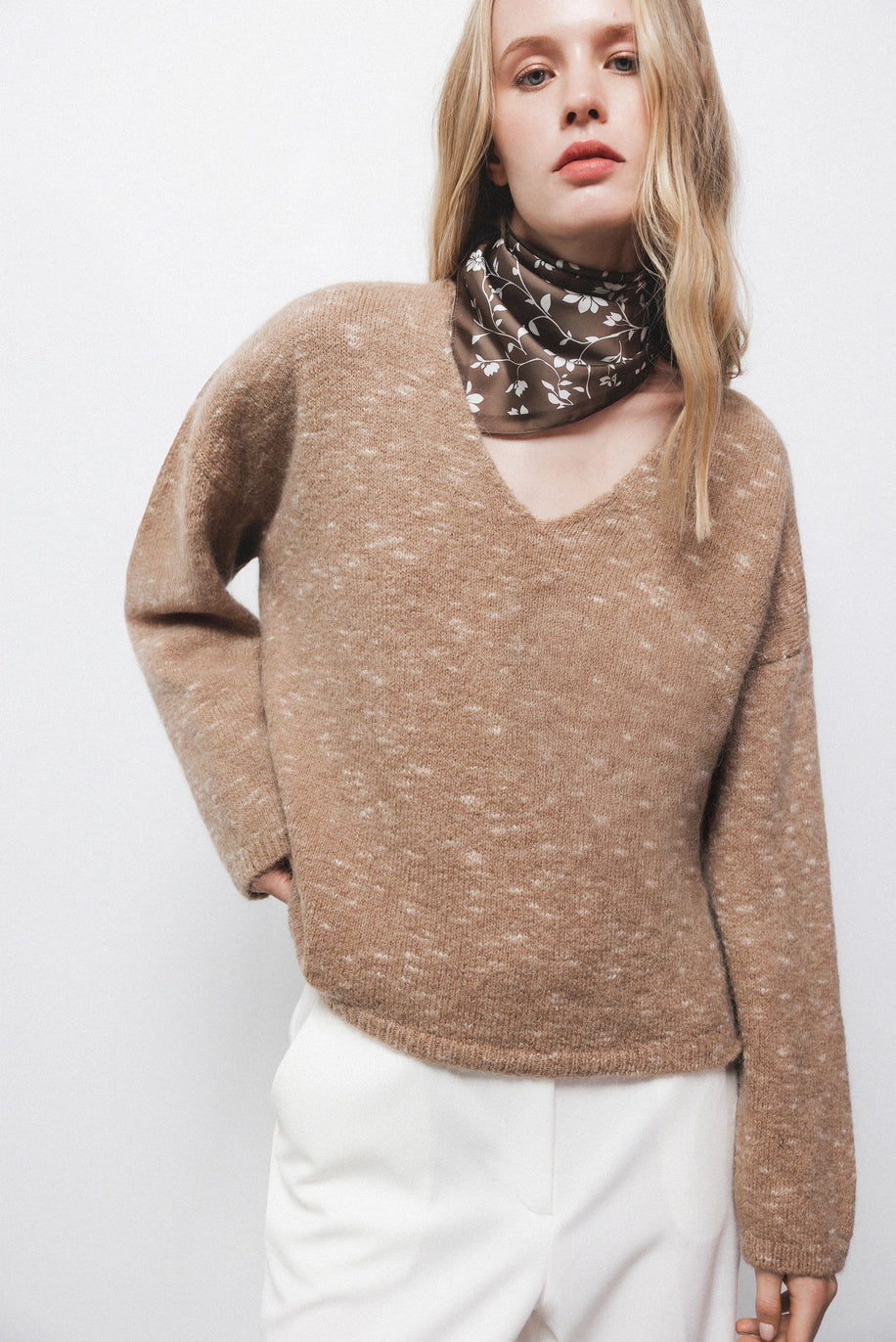 Lanidor - Pullover mit V-Ausschnitt - Meliert - Camel