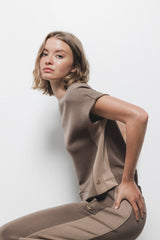 Lanidor - Zweifarbiges Jersey Shirt - Kurzarmbluse - Taupe - Rundhalsausschnitt