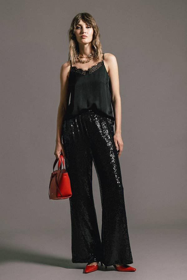 Lanidor - Schwarze Paillettenhose - Straight fit - elastischer Bund