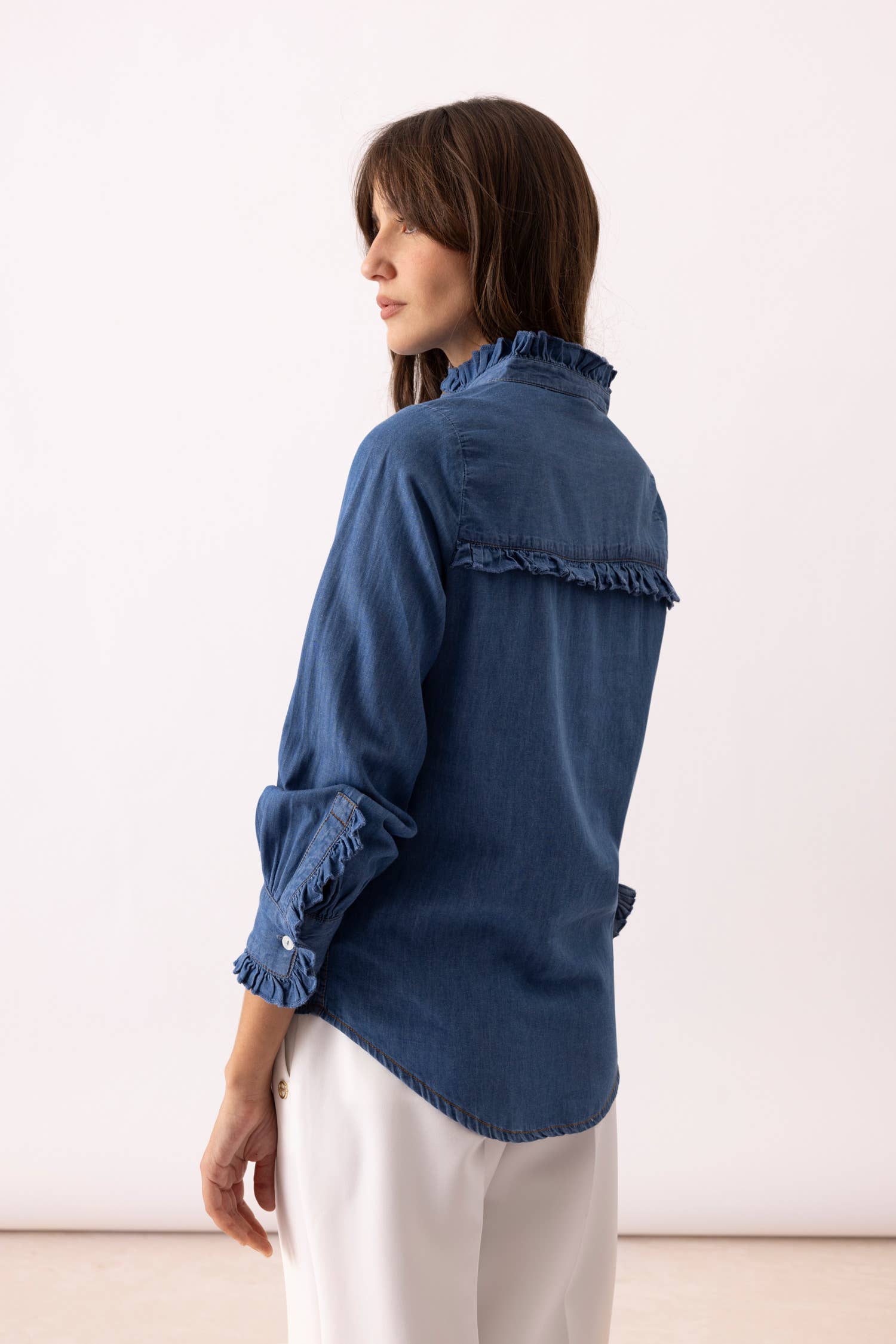 Lanidor - Jeansbluse mit Rüschenakzenten - 100% Baumwolle