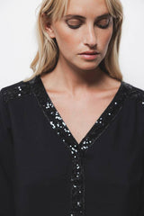 Lanidor - Bluse - Schwarz mit tonalen Paillettendetails - V-Ausschnitt