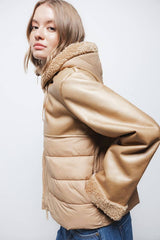 Lanidor - Kapuzen-Jacke mit Reißverschluss - Leder- und Lammfellimitat - Camel