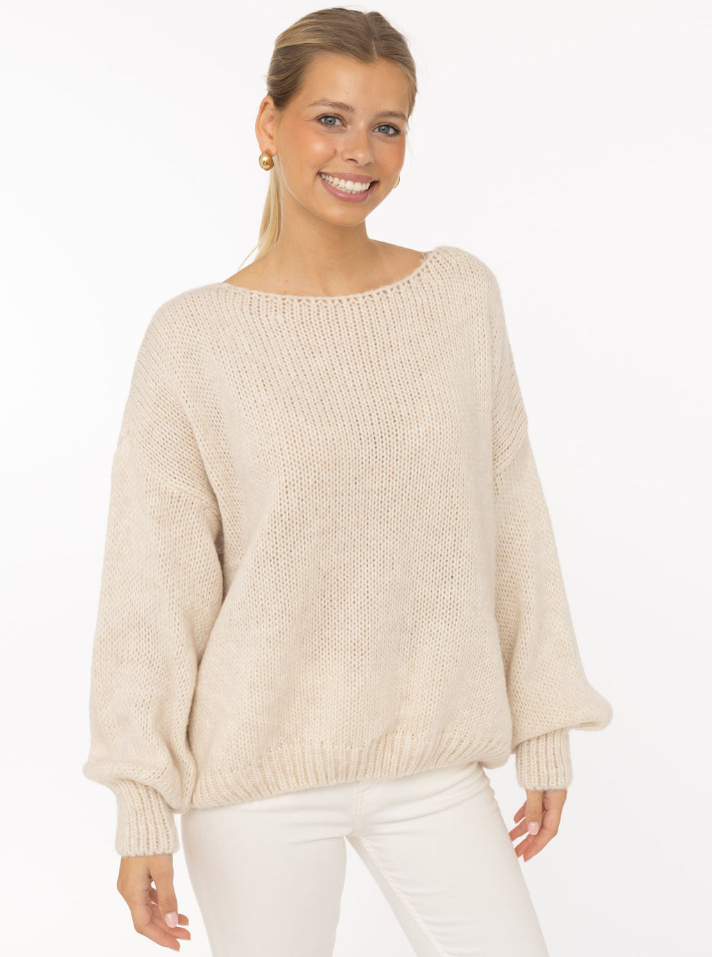 Zwillingsherz Oversize Strickpullover "Soleil" - Natur-Weiß mit Rückenmotiv