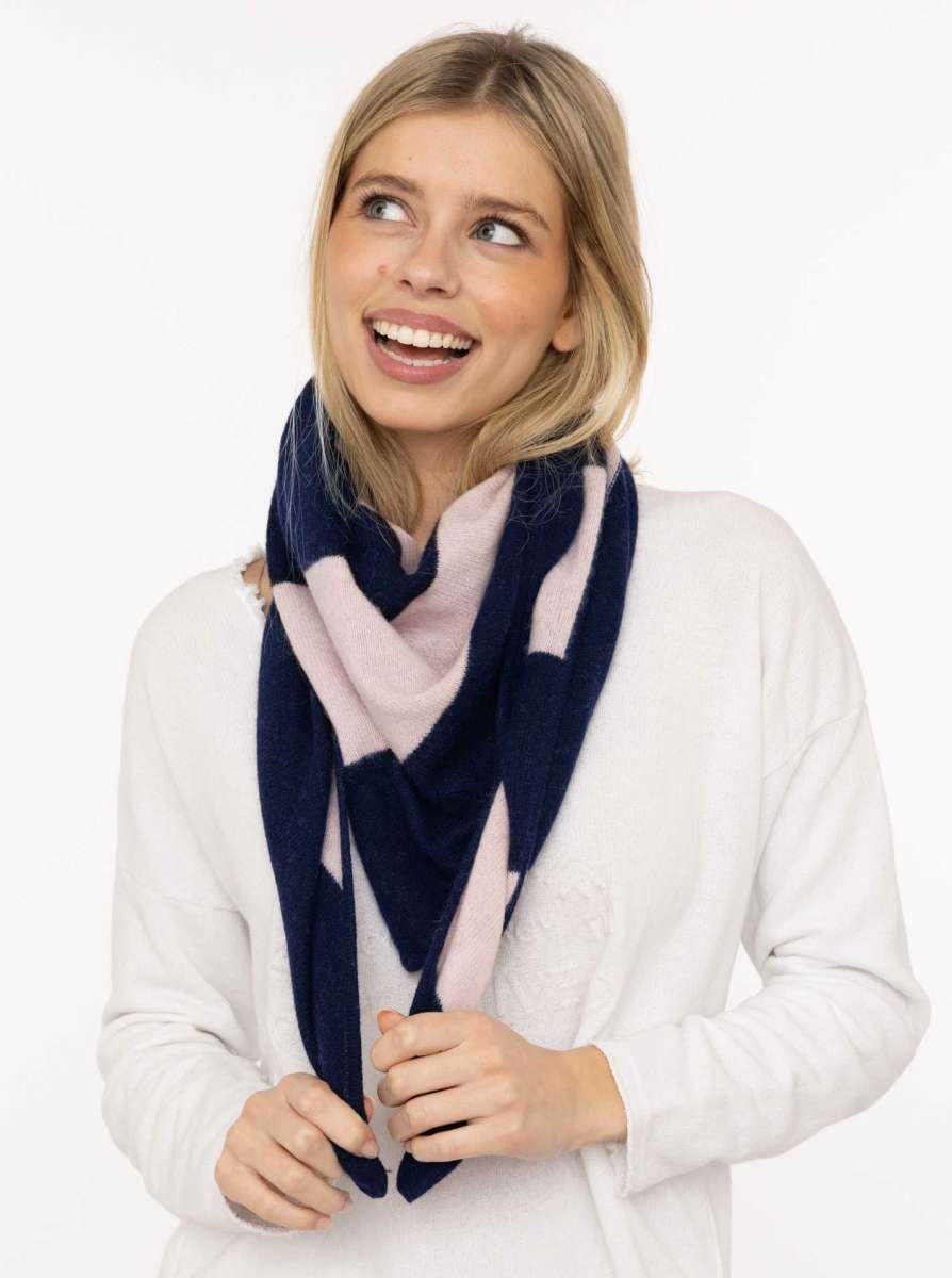 Zwillingsherz 100% Kaschmir Dreieckstuch Blockstreifen - Rosa/Marine-Blau