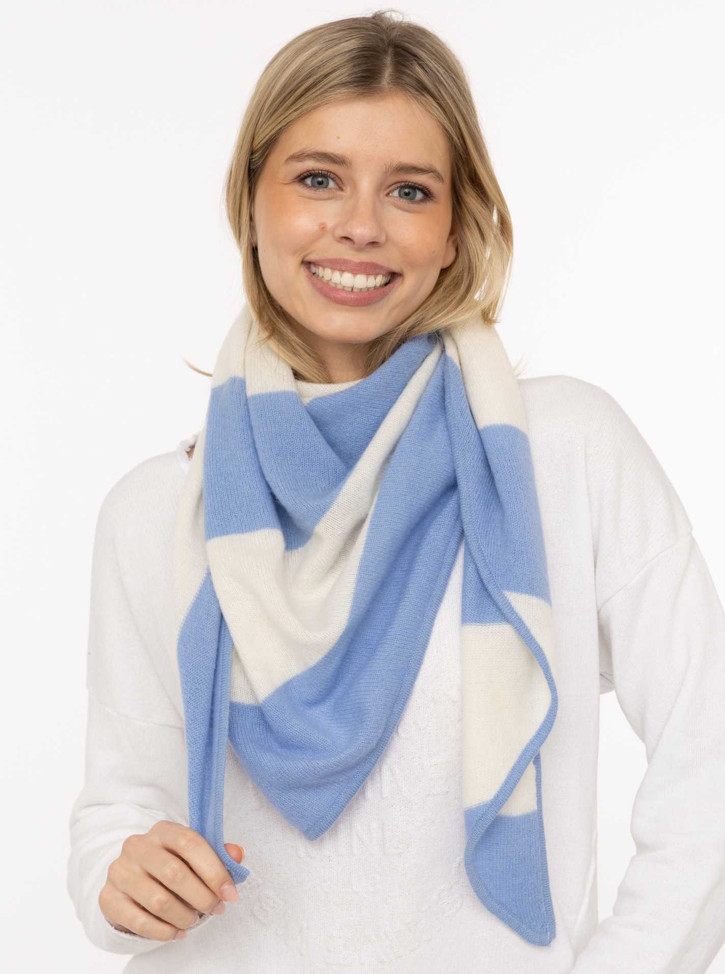 Zwillingsherz 100% Kaschmir Dreieckstuch Blockstreifen Hellblau Creme