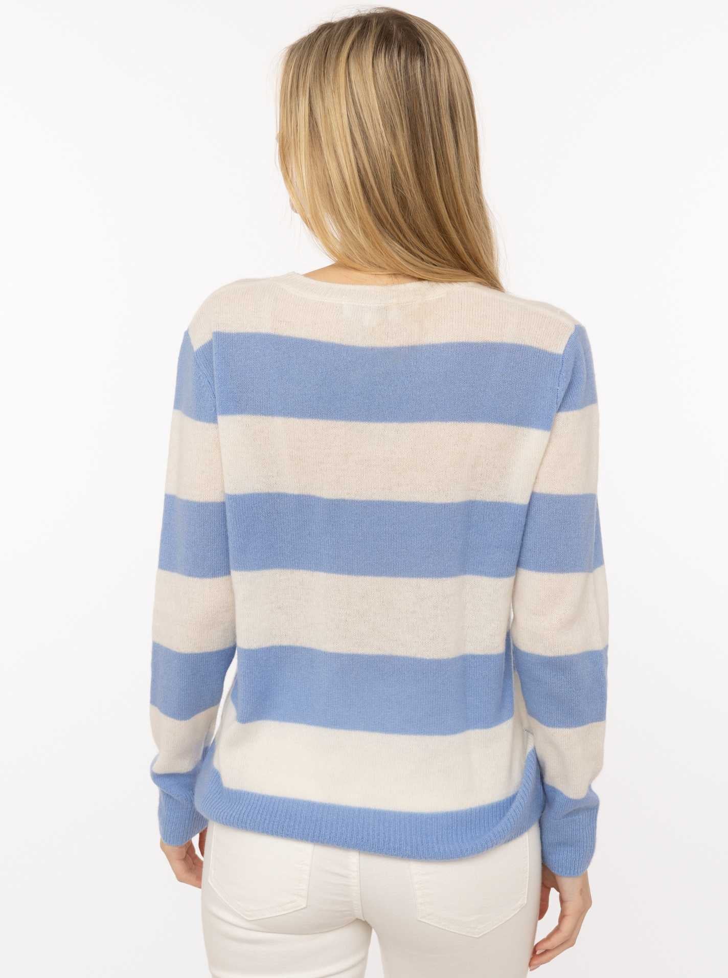 Zwillingsherz 100% Kaschmir Rundhalspullover Blockstreifen Hellblau Creme