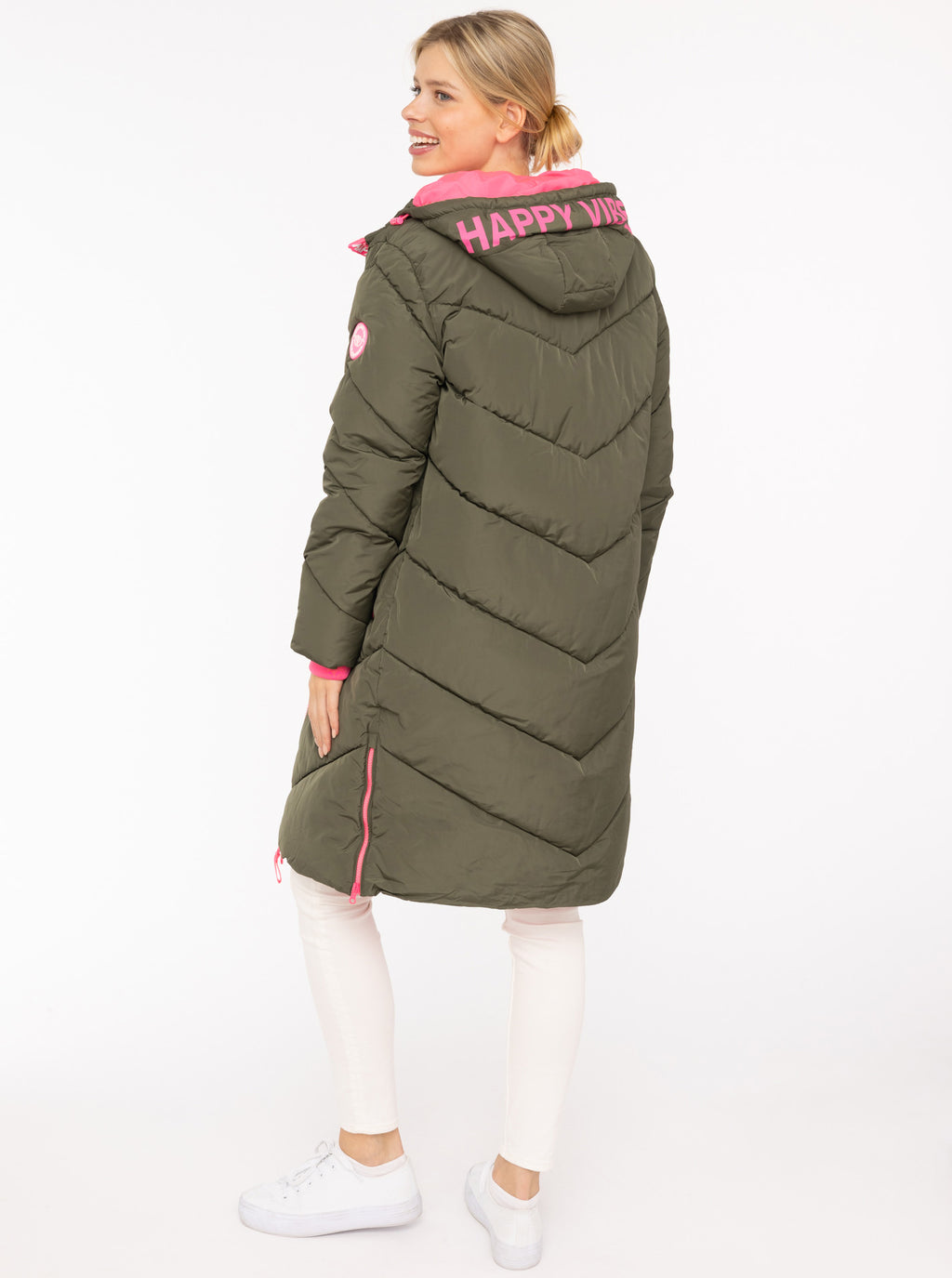 Zwillingsherz - Stepp-Mantel "Happy Vibes" in Khaki mit rosa Details