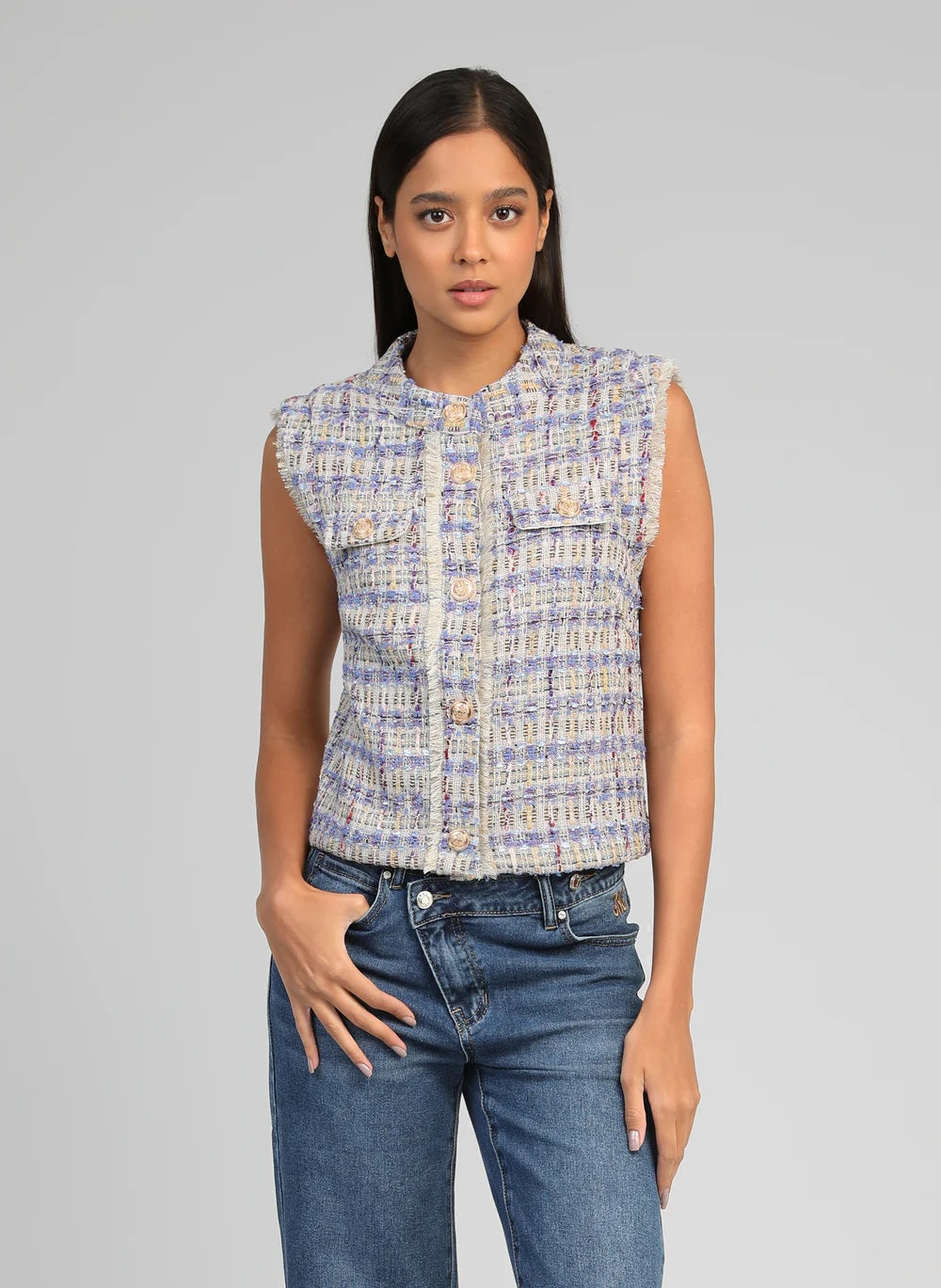 Ange Paris Tweed-Weste Avayana Blau Tailliert