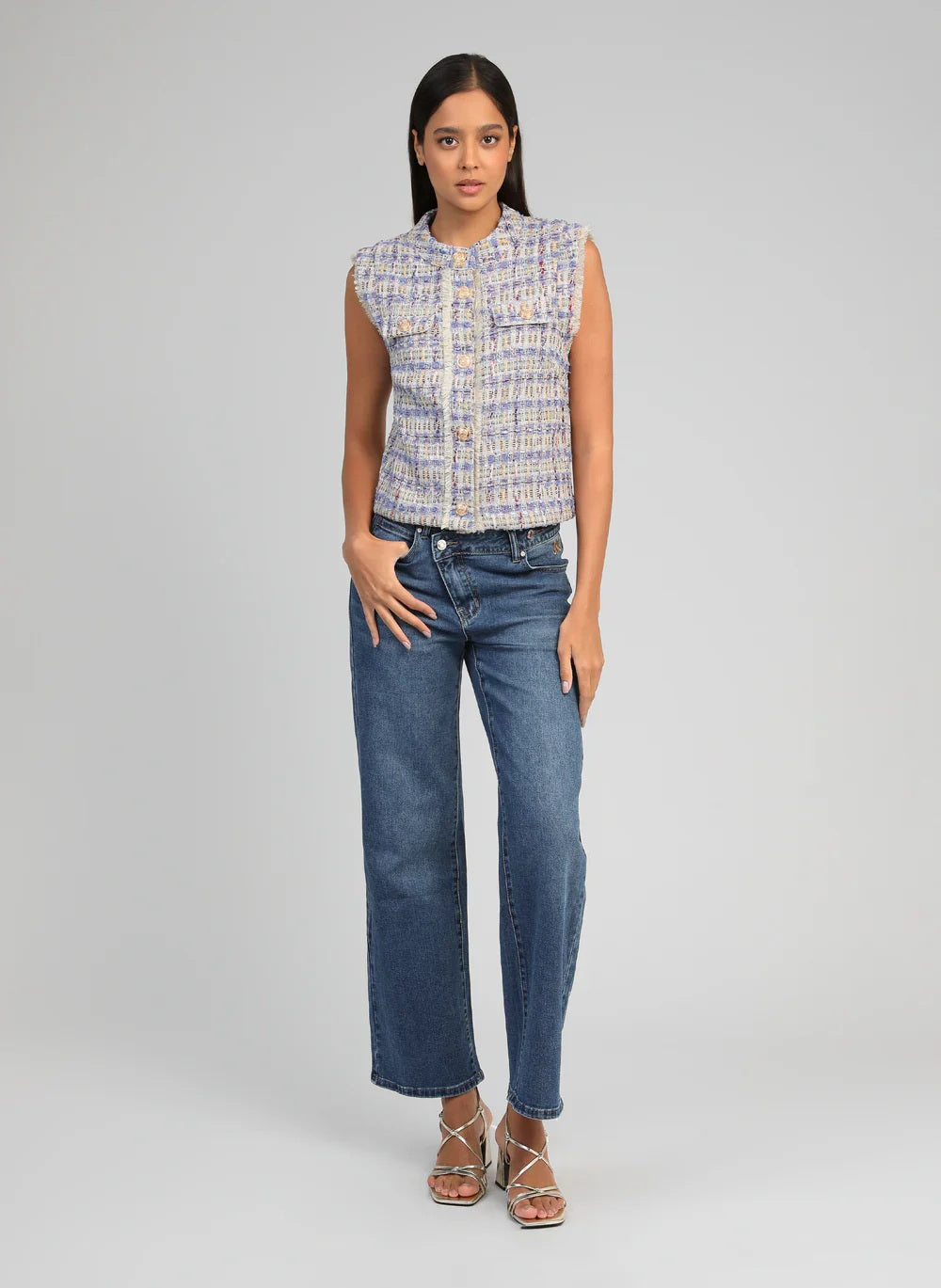 Ange Paris Tweed-Weste Avayana Blau Tailliert