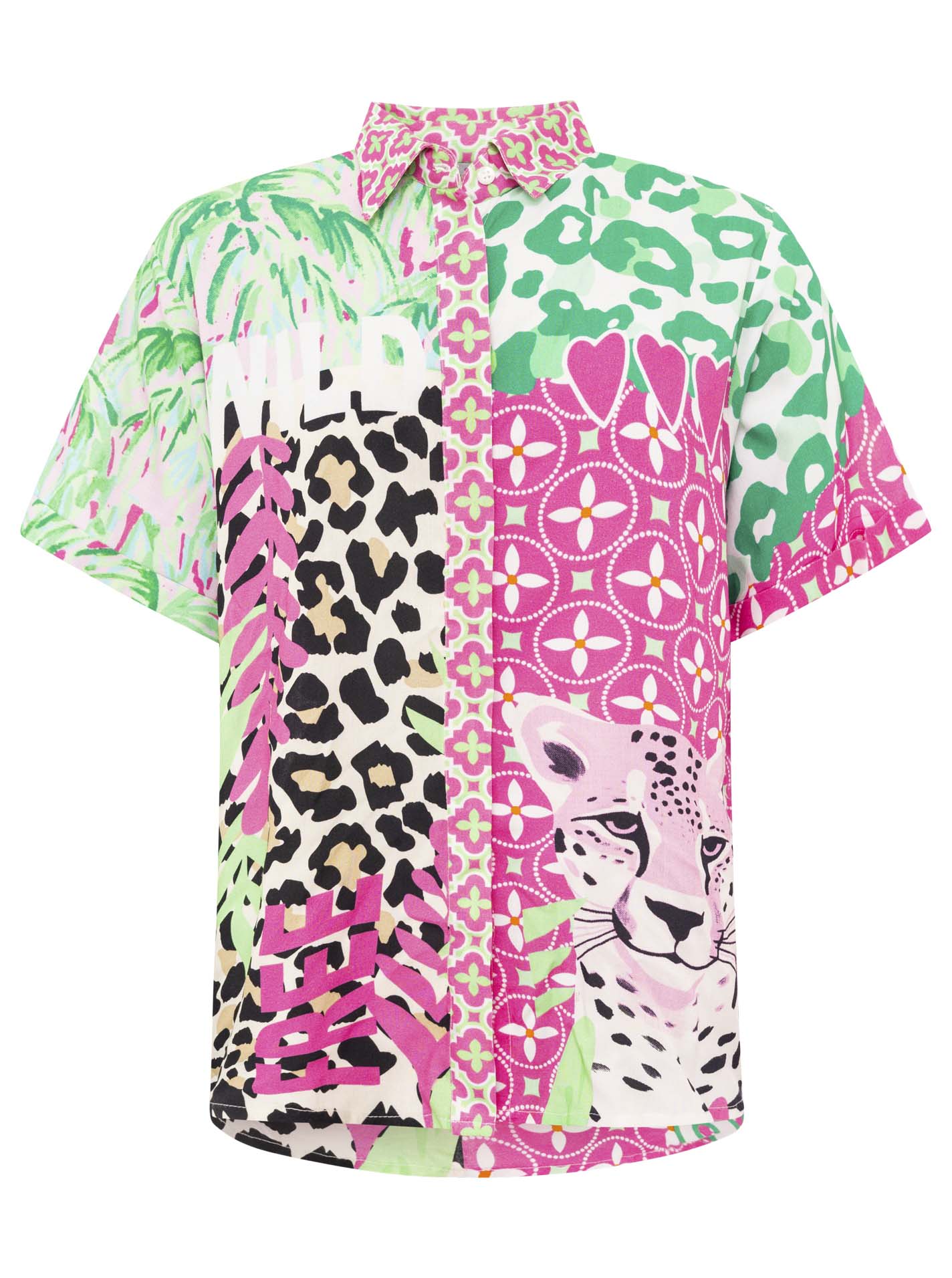 Zwillingsherz Damen-Kurzarmbluse aus 100% Viskose - Modell Pink Wild mit Allover-Print